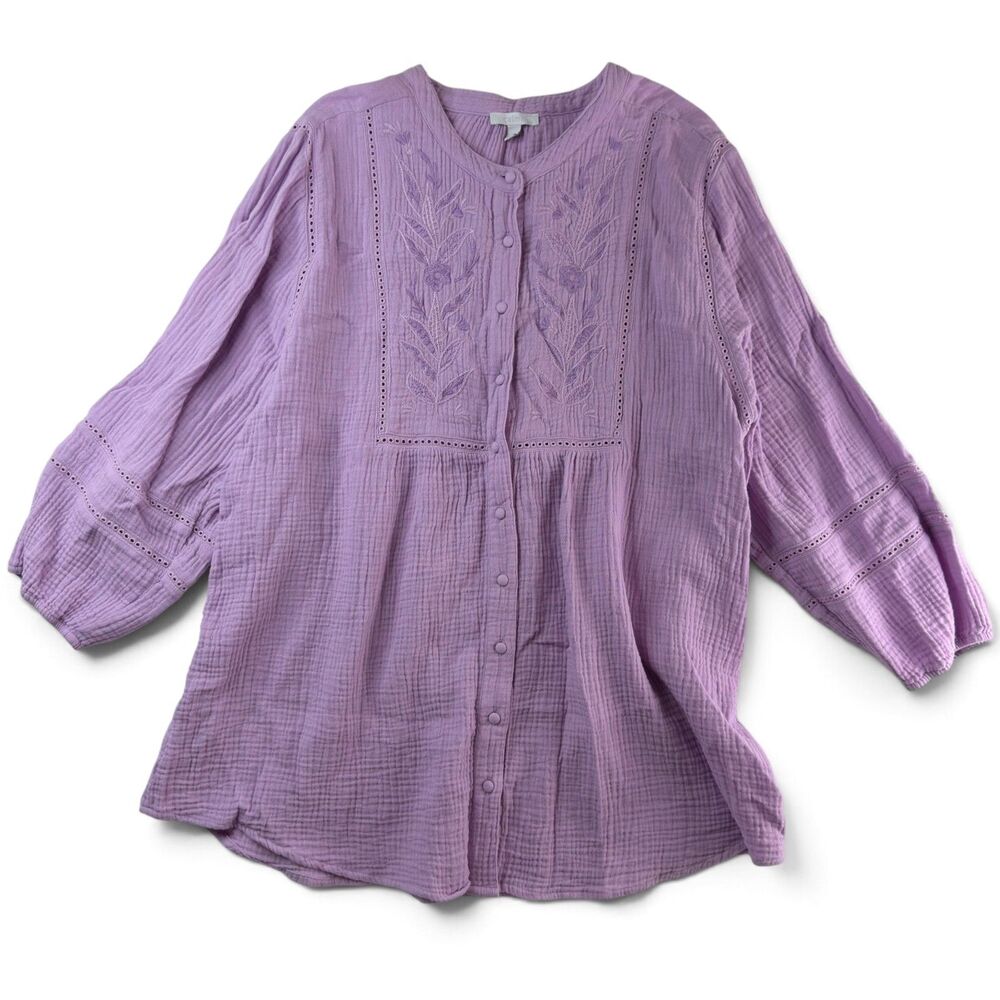 johnny was calme gauze buttondown tunic large pink lilac embroidered boho